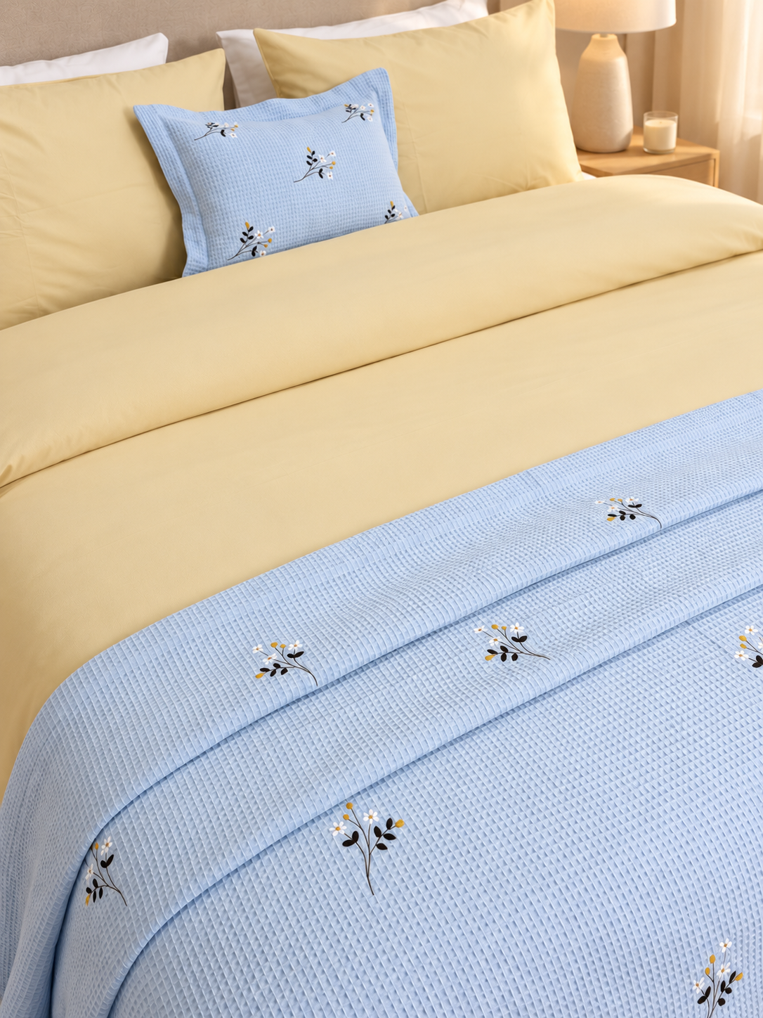 Plaid brodé BLEU + 1 housse de coussin