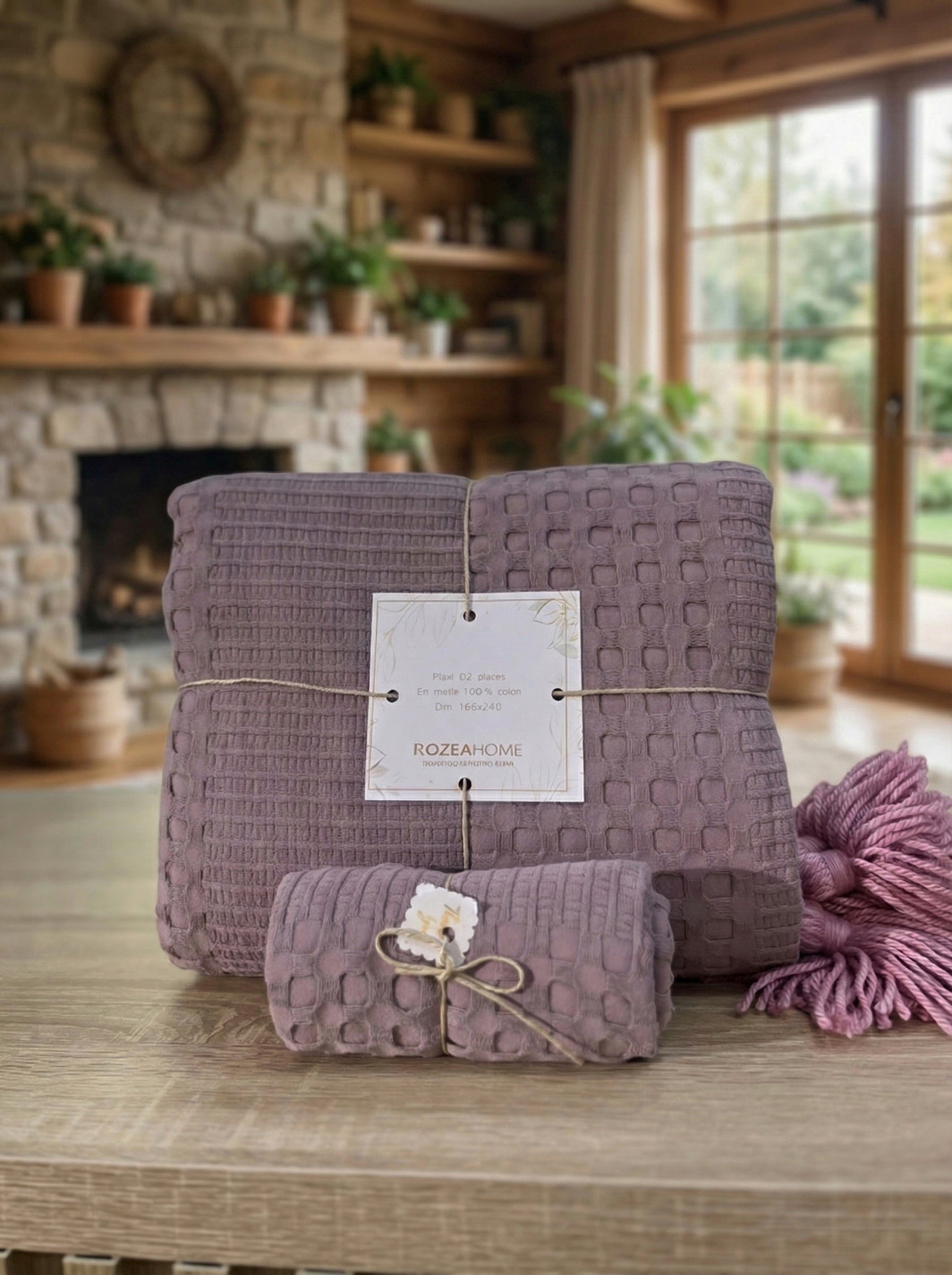 Plaid Violet en maille + housse de coussin