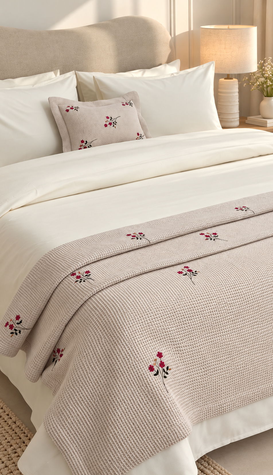 Plaid brodé BEIGE FONCÉ + 1 housse de coussin