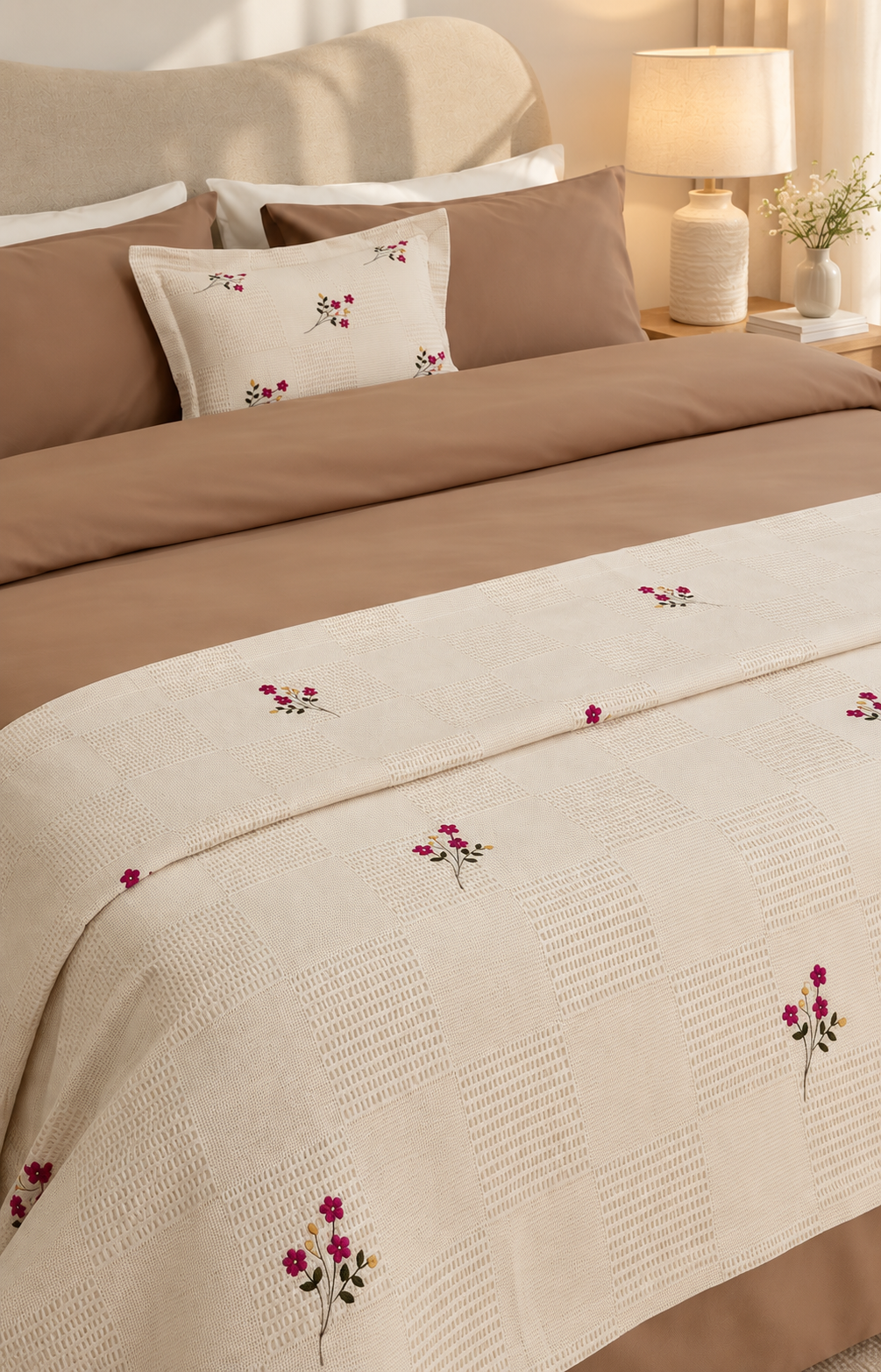 Plaid brodé BEIGE CLAIR + 1 housse de coussin