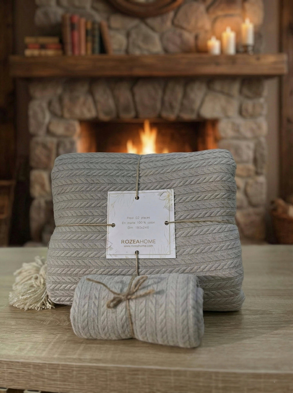 Plaid Taupe en maille + 1 housse de coussin